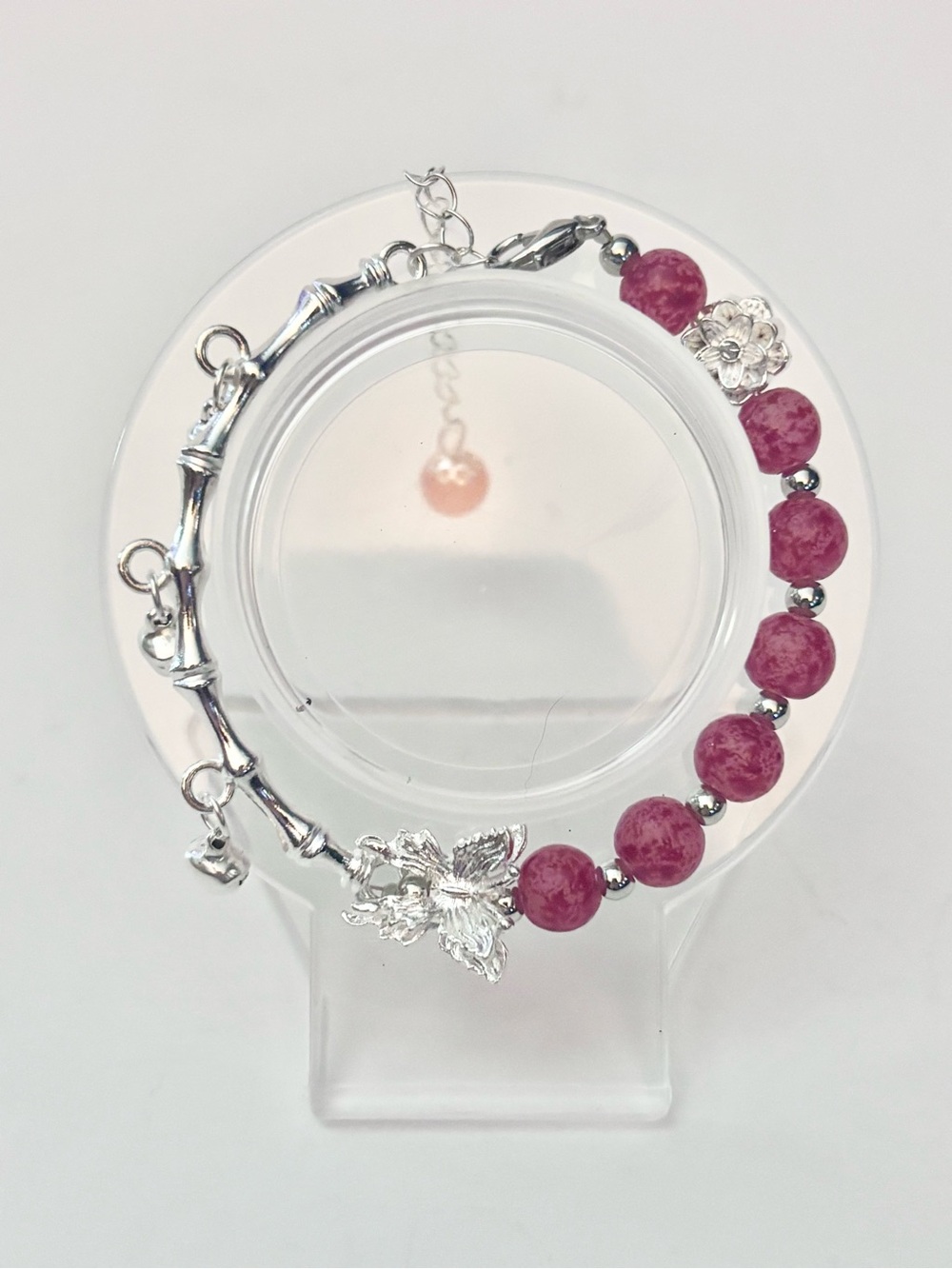 Handmade Silver & Pink Stone Beaded Bracelet